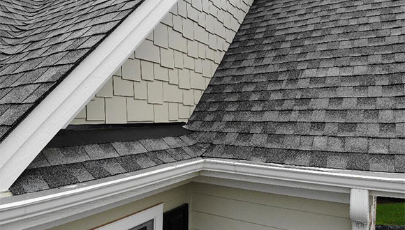 A close up photo of a roof with the aid of a UAV (drone).